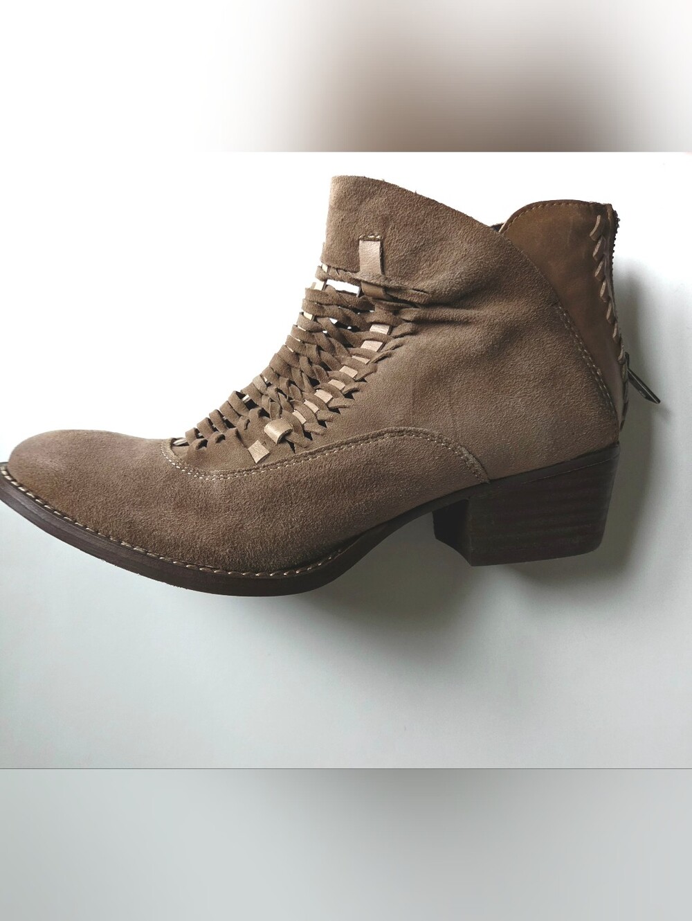 Taupe Suede Woven Ankle Booties Laced Cutout Rebels Cori Western Boho Brown 7.5